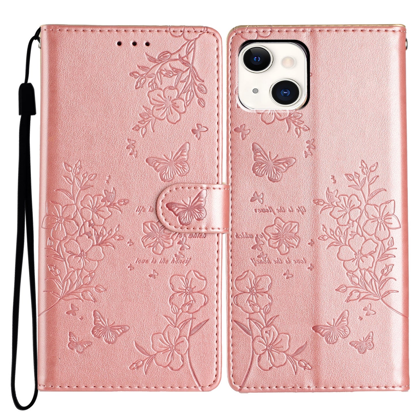 ELECTROPRIME For iPhone 15 Butterflies and Flowers Leather Phone Case(Rose Gold)