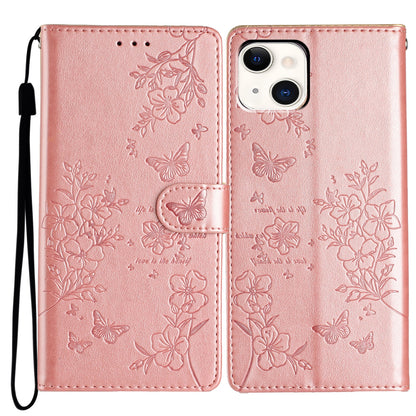 ELECTROPRIME For iPhone 15 Butterflies and Flowers Leather Phone Case(Rose Gold)