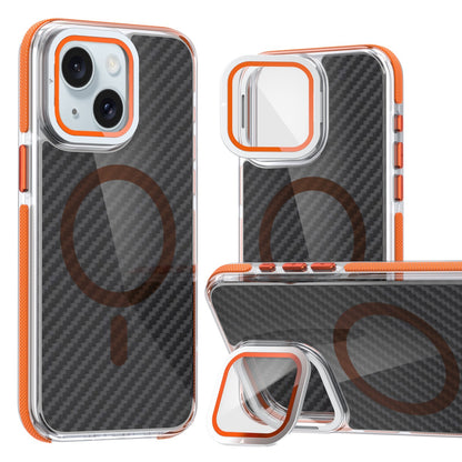 ELECTROPRIME For iPhone 15 Magsafe Dual-Color Carbon Fiber Lens Film Phone Case with Lens Fold Holder(Orange)