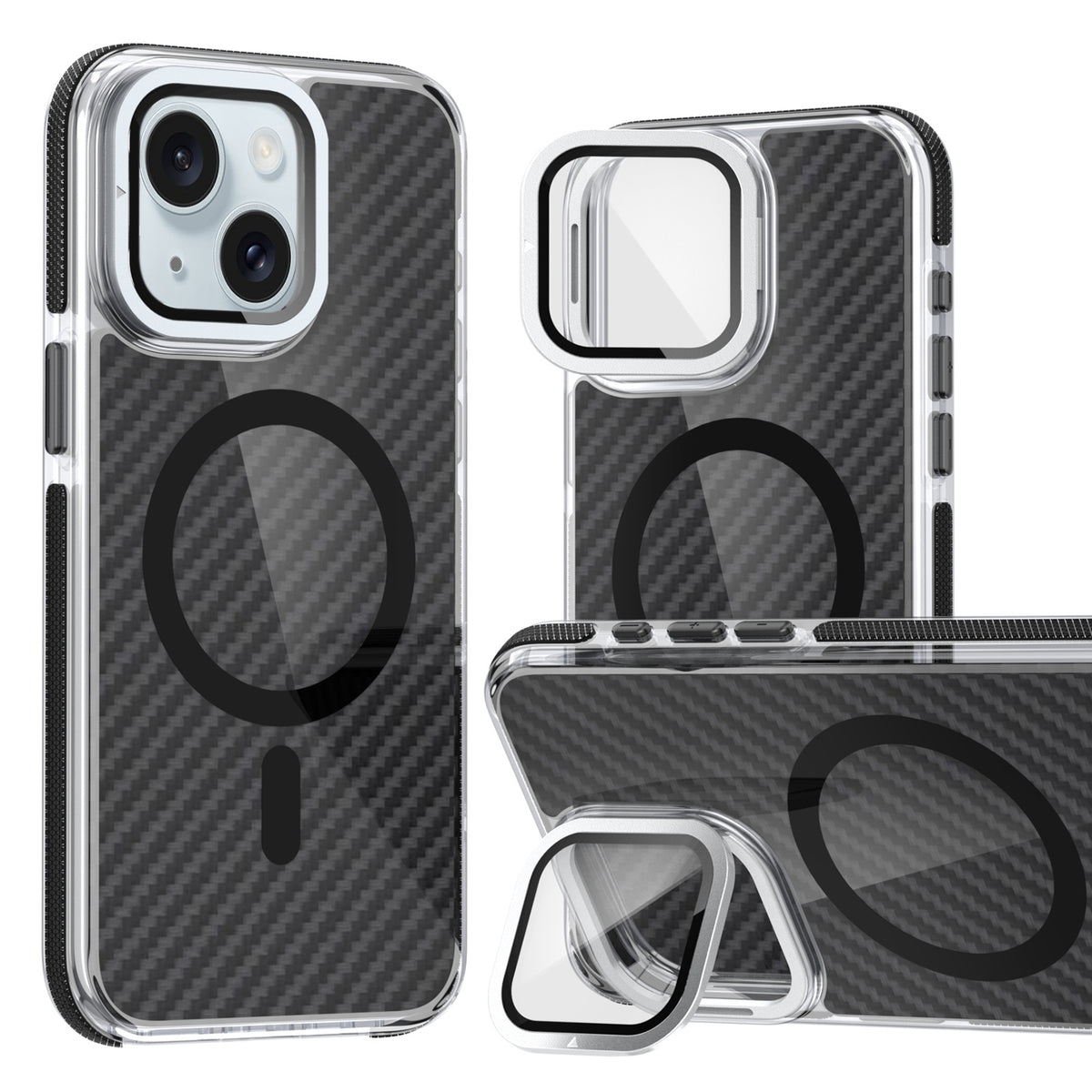 ELECTROPRIME For iPhone 15 Magsafe Dual-Color Carbon Fiber Lens Film Phone Case with Lens Fold Holder(Black)