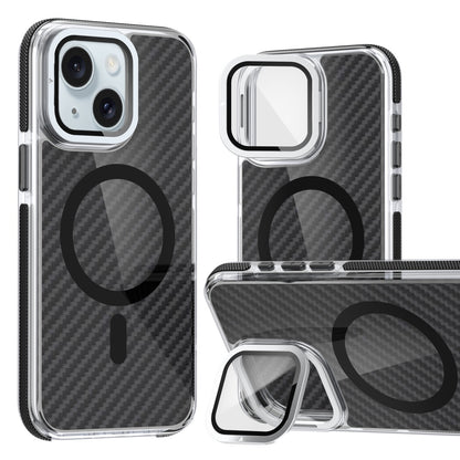 ELECTROPRIME For iPhone 15 Magsafe Dual-Color Carbon Fiber Lens Film Phone Case with Lens Fold Holder(Black)