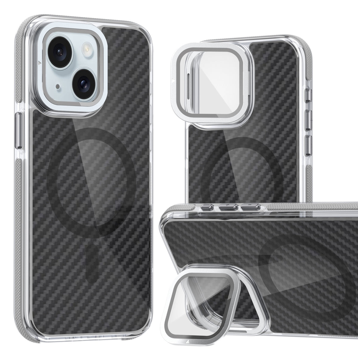 ELECTROPRIME For iPhone 15 Magsafe Dual-Color Carbon Fiber Lens Film Phone Case with Lens Fold Holder(Gray)