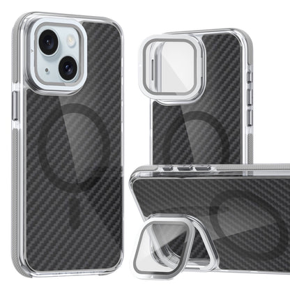 ELECTROPRIME For iPhone 15 Magsafe Dual-Color Carbon Fiber Lens Film Phone Case with Lens Fold Holder(Gray)