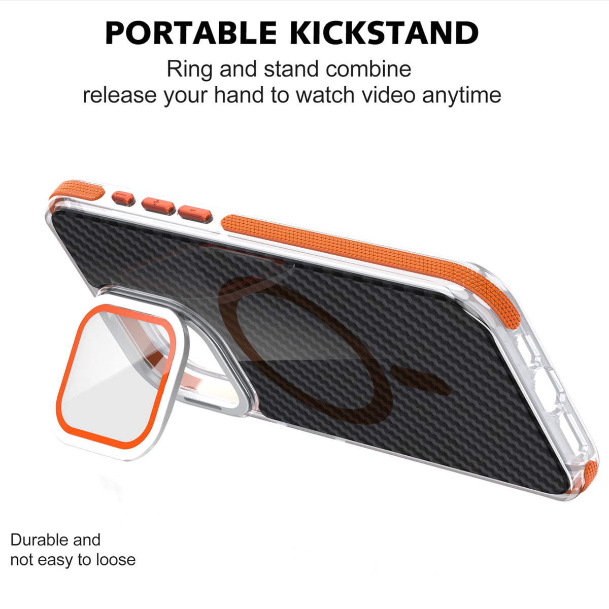 ELECTROPRIME For iPhone 15 Magsafe Dual-Color Carbon Fiber Lens Film Phone Case with Lens Fold Holder(Orange)