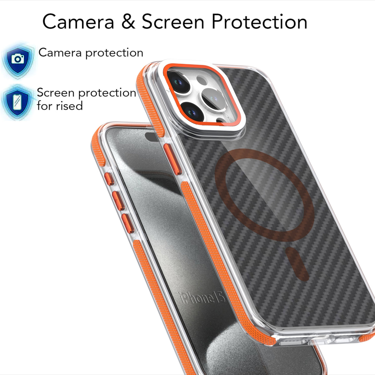 ELECTROPRIME For iPhone 15 Magsafe Dual-Color Carbon Fiber Lens Film Phone Case with Lens Fold Holder(Gray)
