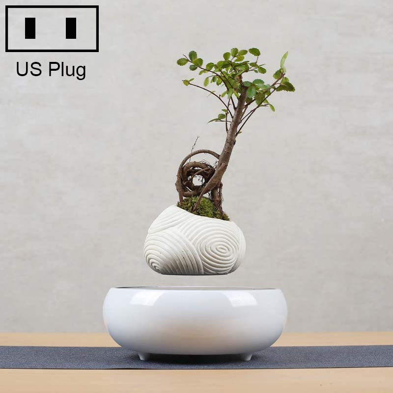 ELECTROPRIME Beige Stripe Flower Pot + Imitation Ceramic Resin Base Magnetic Levitation Potted Plant Home Decoration, US Plug