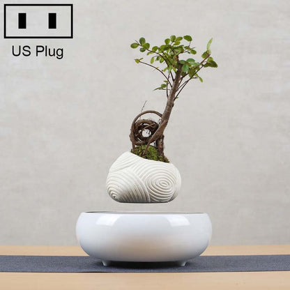 ELECTROPRIME Beige Stripe Flower Pot + Imitation Ceramic Resin Base Magnetic Levitation Potted Plant Home Decoration, US Plug