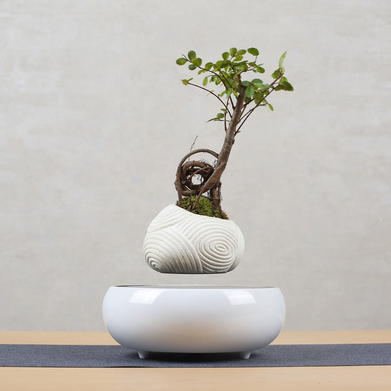 ELECTROPRIME Beige Stripe Flower Pot + Imitation Ceramic Resin Base Magnetic Levitation Potted Plant Home Decoration, US Plug