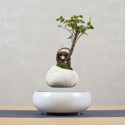 ELECTROPRIME Beige Stripe Flower Pot + Imitation Ceramic Resin Base Magnetic Levitation Potted Plant Home Decoration, US Plug