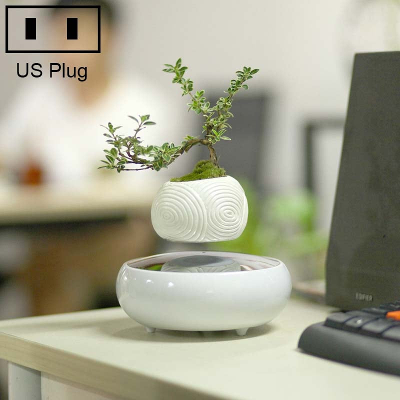 ELECTROPRIME White Stripe Flower Pot + Imitation Ceramic Resin Base Magnetic Levitation Potted Plant Home Decoration, US Plug