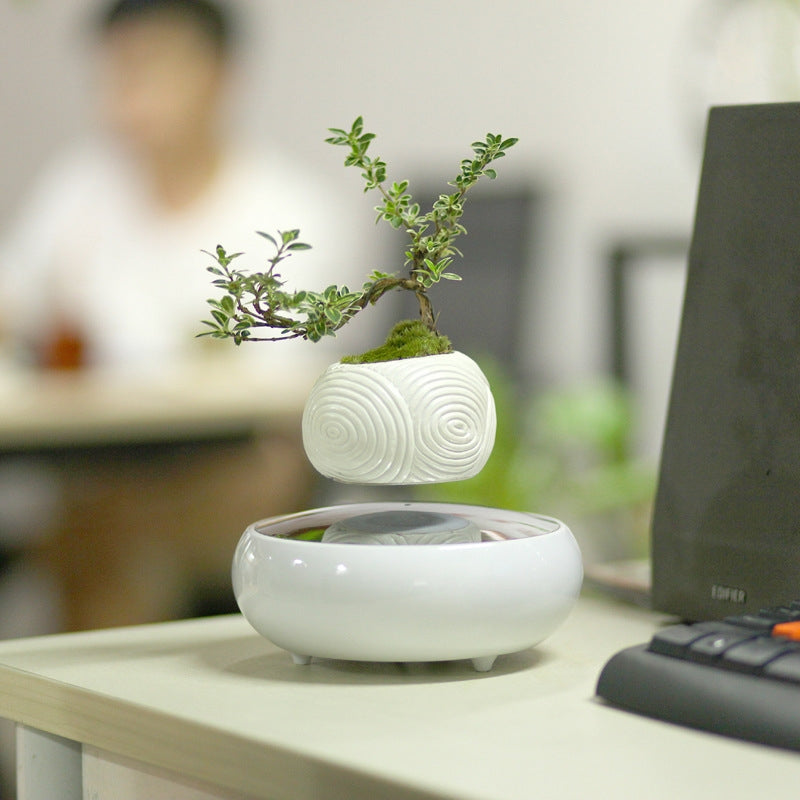 ELECTROPRIME White Stripe Flower Pot + Imitation Ceramic Resin Base Magnetic Levitation Potted Plant Home Decoration, US Plug