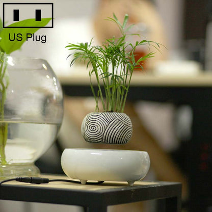 ELECTROPRIME Dark Color Stripe Flower Pot + Imitation Ceramic Resin Base Magnetic Levitation Potted Plant Home Decoration, US Plug
