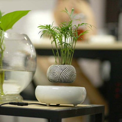 ELECTROPRIME Dark Color Stripe Flower Pot + Imitation Ceramic Resin Base Magnetic Levitation Potted Plant Home Decoration, US Plug