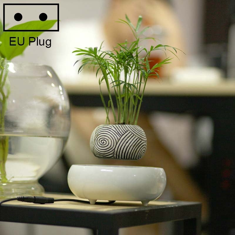 ELECTROPRIME Dark Color Stripe Flower Pot + Imitation Ceramic Resin Base Magnetic Levitation Potted Plant Home Decoration, EU Plug