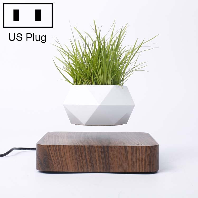ELECTROPRIME Diamond Plastic Flower Pot + Dark Wood Grain Base Magnetic Levitation Potted Plant Home Decoration, US Plug