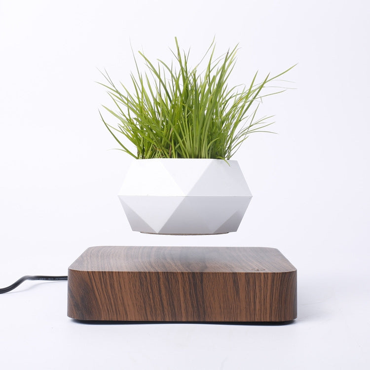 ELECTROPRIME Diamond Plastic Flower Pot + Dark Wood Grain Base Magnetic Levitation Potted Plant Home Decoration, US Plug