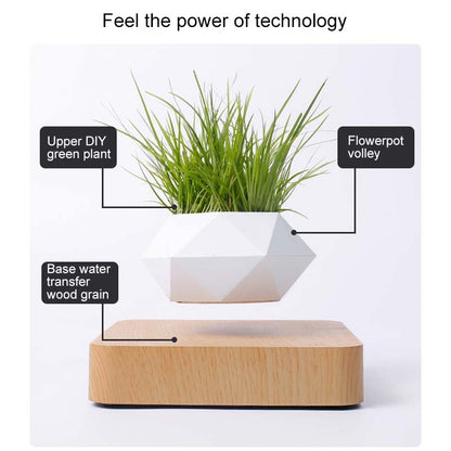 ELECTROPRIME Diamond Plastic Flower Pot + Dark Wood Grain Base Magnetic Levitation Potted Plant Home Decoration, US Plug