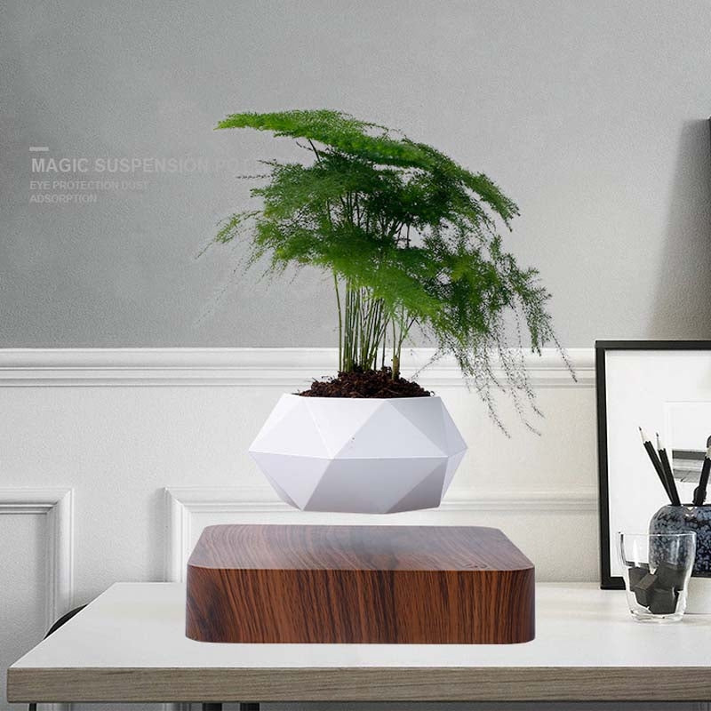 ELECTROPRIME Diamond Plastic Flower Pot + Dark Wood Grain Base Magnetic Levitation Potted Plant Home Decoration, US Plug