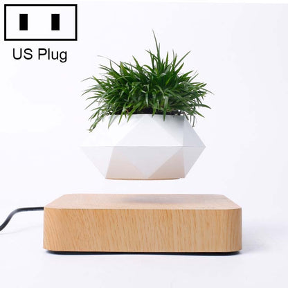 ELECTROPRIME Diamond Plastic Flower Pot + Light Wood Grain Base Magnetic Levitation Potted Plant Home Decoration, US Plug