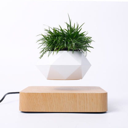 ELECTROPRIME Diamond Plastic Flower Pot + Light Wood Grain Base Magnetic Levitation Potted Plant Home Decoration, US Plug