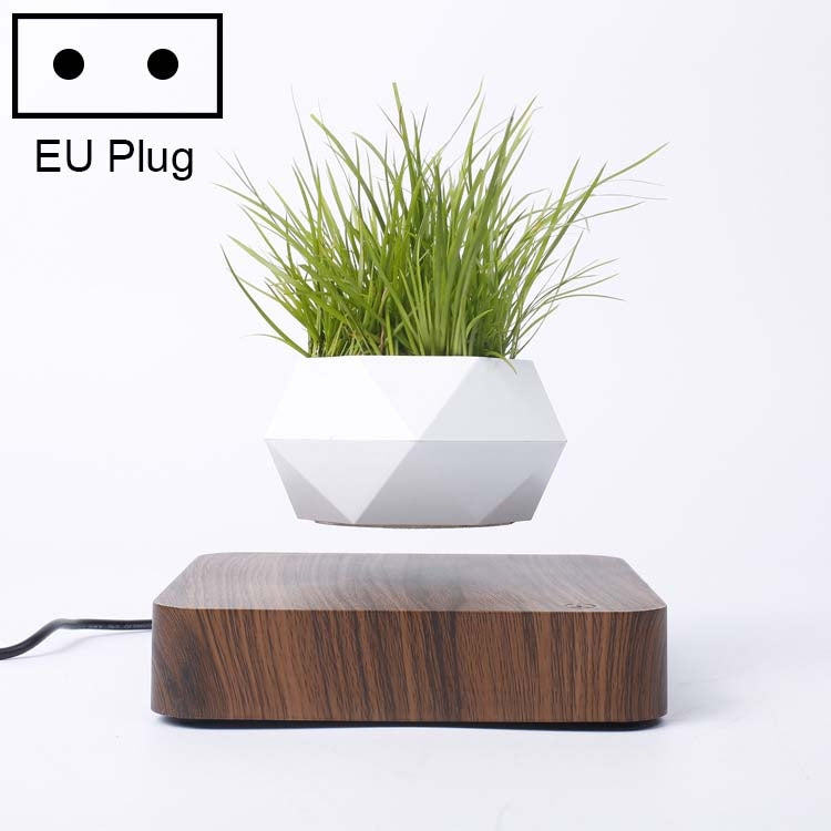 ELECTROPRIME Diamond Plastic Flower Pot + Dark Wood Grain Base Magnetic Levitation Potted Plant Home Decoration, EU Plug