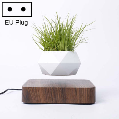 ELECTROPRIME Diamond Plastic Flower Pot + Dark Wood Grain Base Magnetic Levitation Potted Plant Home Decoration, EU Plug