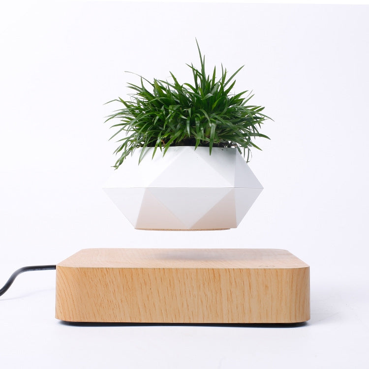 ELECTROPRIME Diamond Plastic Flower Pot + Light Wood Grain Base Magnetic Levitation Potted Plant Home Decoration, EU Plug