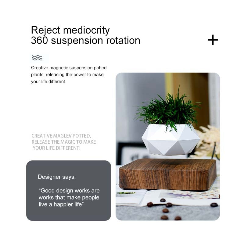 ELECTROPRIME Diamond Plastic Flower Pot + Light Wood Grain Base Magnetic Levitation Potted Plant Home Decoration, EU Plug