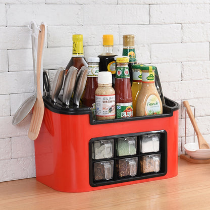 ELECTROPRIME Kitchen Multifunctional Season Boxed Set Plastic Condiment Bottle Mix Tool Holder (Red)