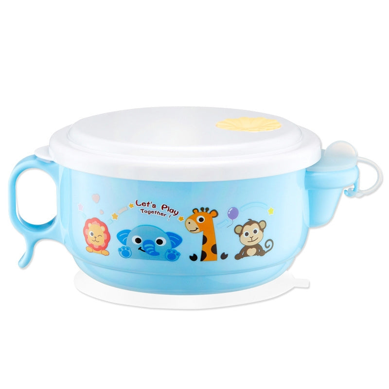ELECTROPRIME 450ml Stainless Steel Interior And Plastic Exterior Double Layer Cartoon Style Bowl With Cover And Handles For Child At Age 2 To 9(Blue)