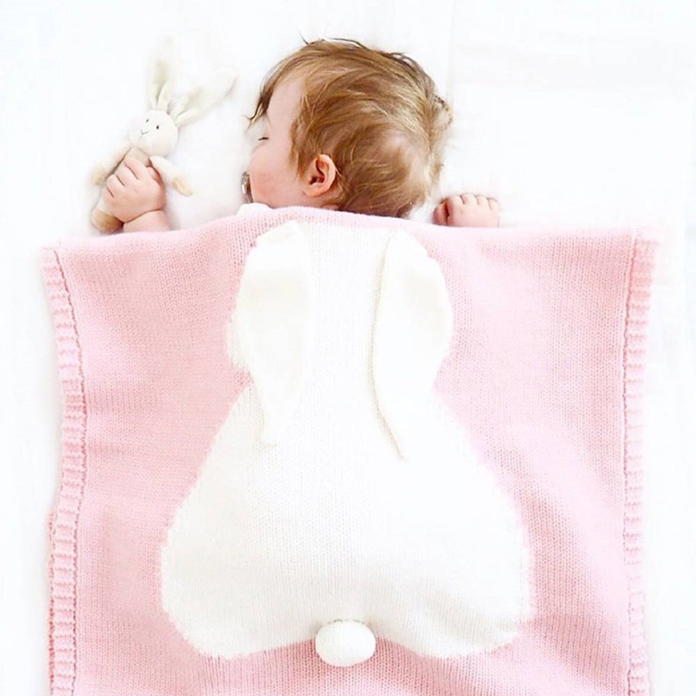 ELECTROPRIME Rabbit Pattern Stereoscopic Ears Baby Knitted Blanket(Pink)