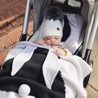 ELECTROPRIME Rabbit Pattern Stereoscopic Ears Baby Knitted Blanket(Black White)