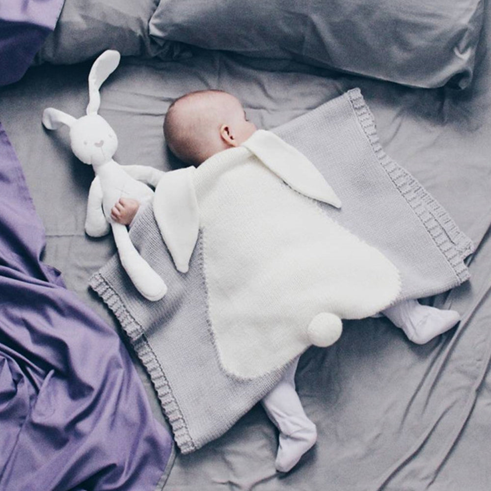 ELECTROPRIME Rabbit Pattern Stereoscopic Ears Baby Knitted Blanket(Black White)