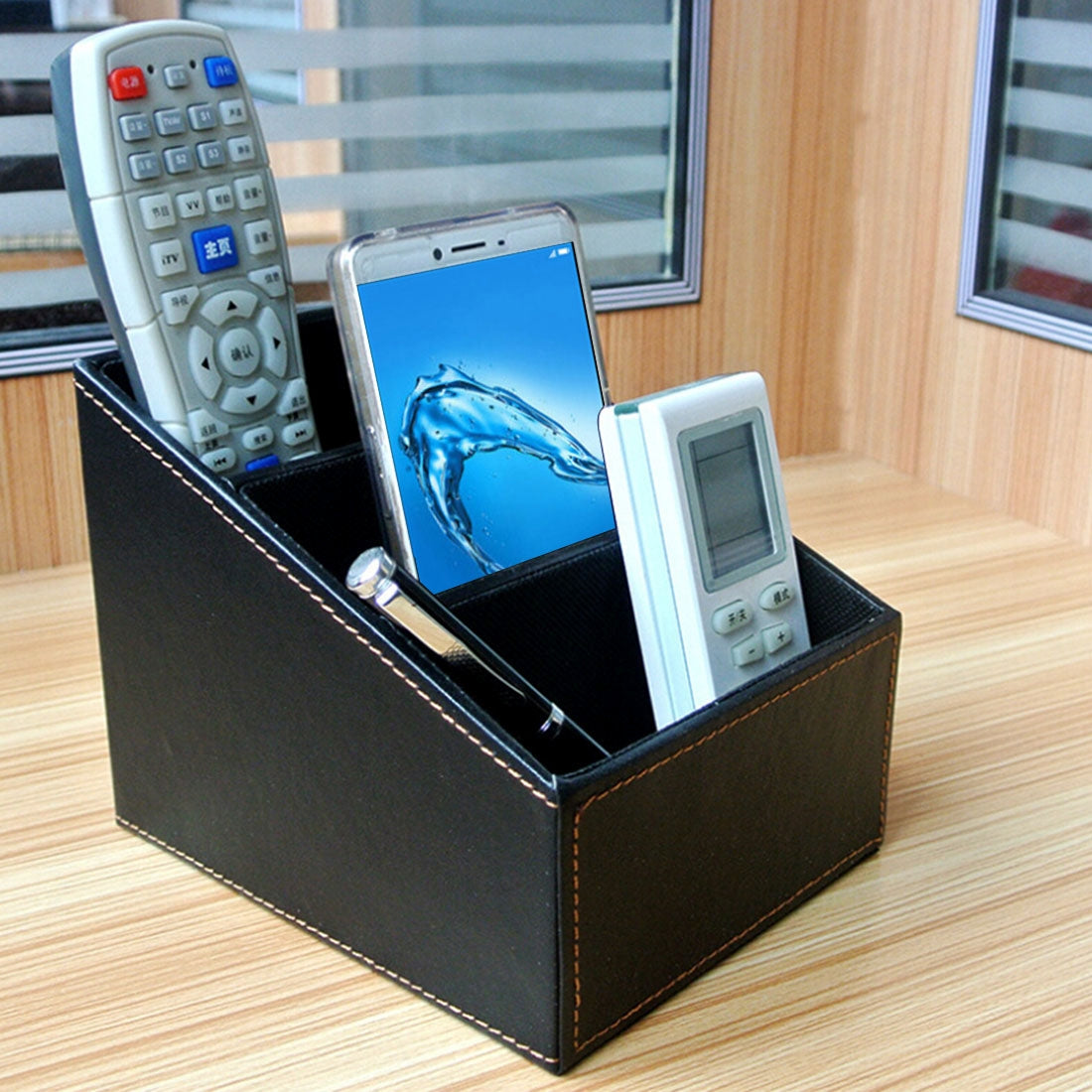 ELECTROPRIME PU Leather Three Grid Desktop Organizer Box Remote Controllers Storage Box Case Sundries Box