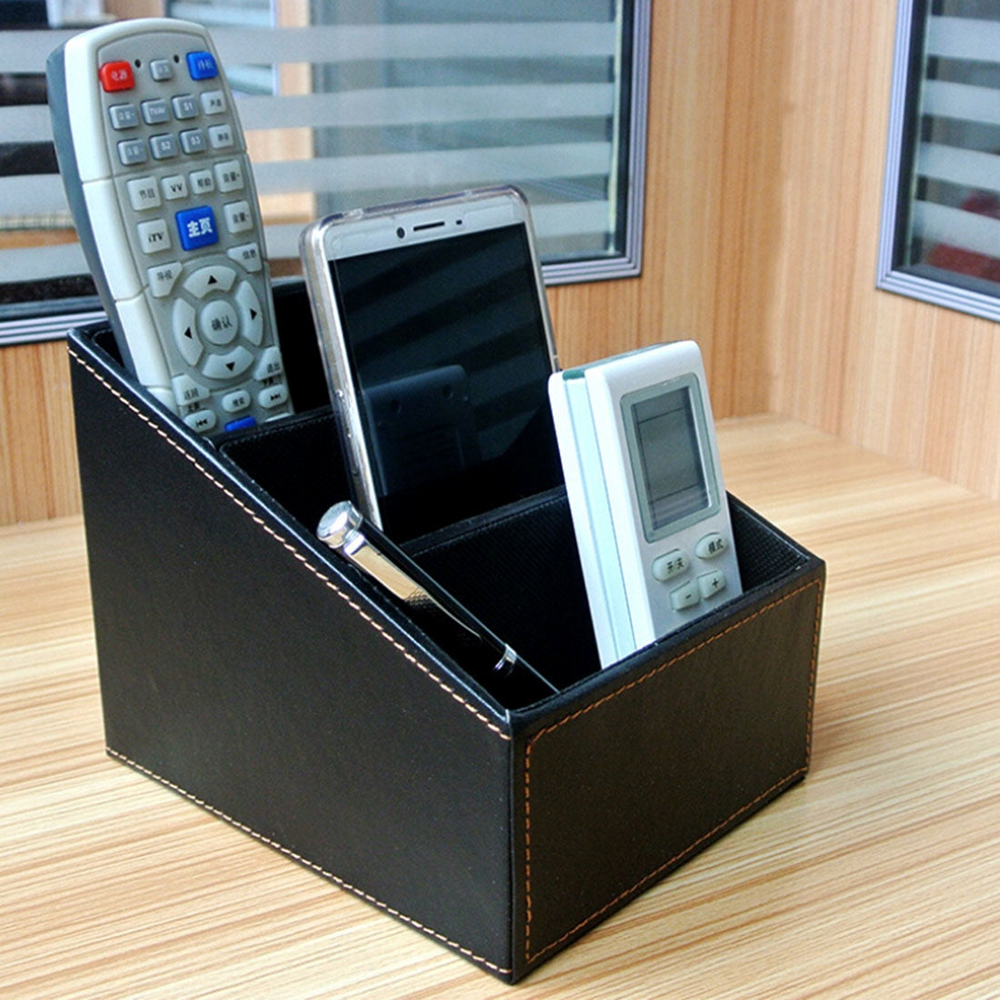 ELECTROPRIME PU Leather Three Grid Desktop Organizer Box Remote Controllers Storage Box Case Sundries Box