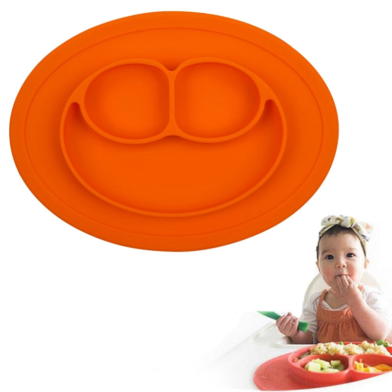 ELECTROPRIME Smile Style One-piece Round Silicone Suction Placemat for Children, Built-in Plate and Bowl (Orange)