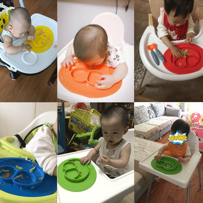 ELECTROPRIME Smile Style One-piece Round Silicone Suction Placemat for Children, Built-in Plate and Bowl (Green)