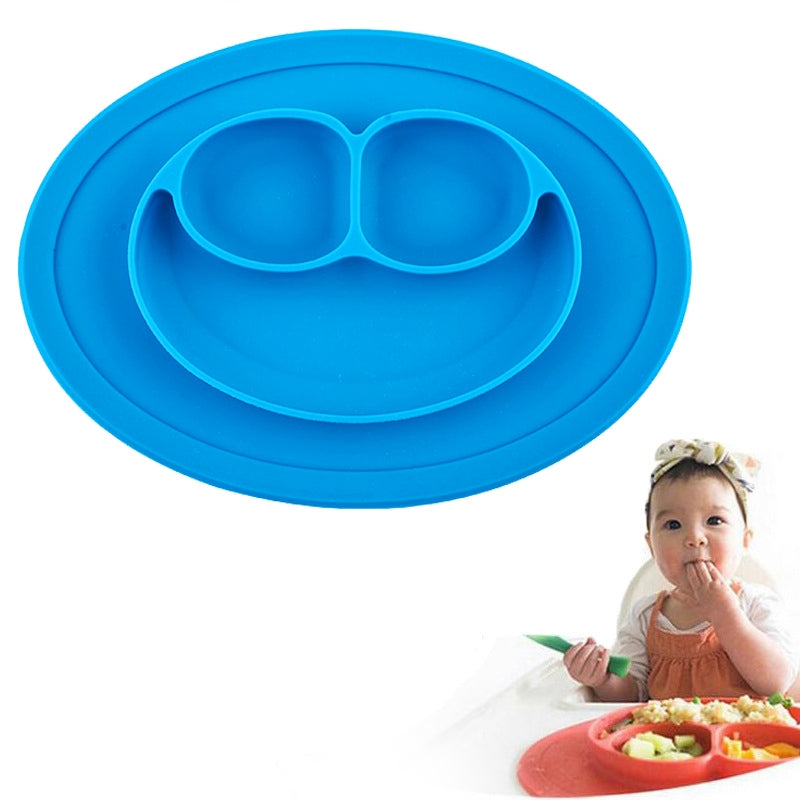ELECTROPRIME Smile Style One-piece Round Silicone Suction Placemat for Children, Built-in Plate and Bowl (Blue)