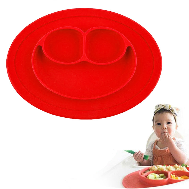 ELECTROPRIME Smile Style One-piece Round Silicone Suction Placemat for Children, Built-in Plate and Bowl (Red)