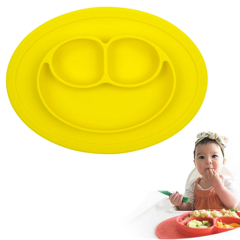 ELECTROPRIME Smile Style One-piece Round Silicone Suction Placemat for Children, Built-in Plate and Bowl (Yellow)