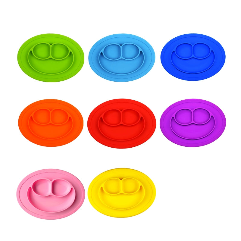 ELECTROPRIME Smile Style One-piece Round Silicone Suction Placemat for Children, Built-in Plate and Bowl (Red)