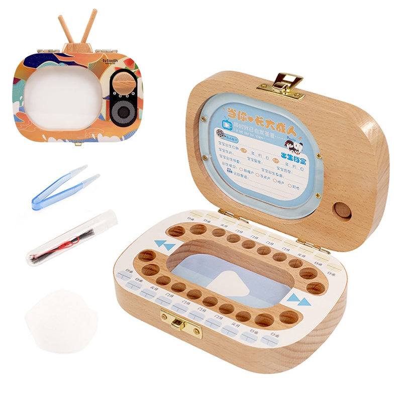ELECTROPRIME Creative Wooden Children TV Set Deciduous Tooth Preservation Box Baby Teeth Tooth House Storage Box