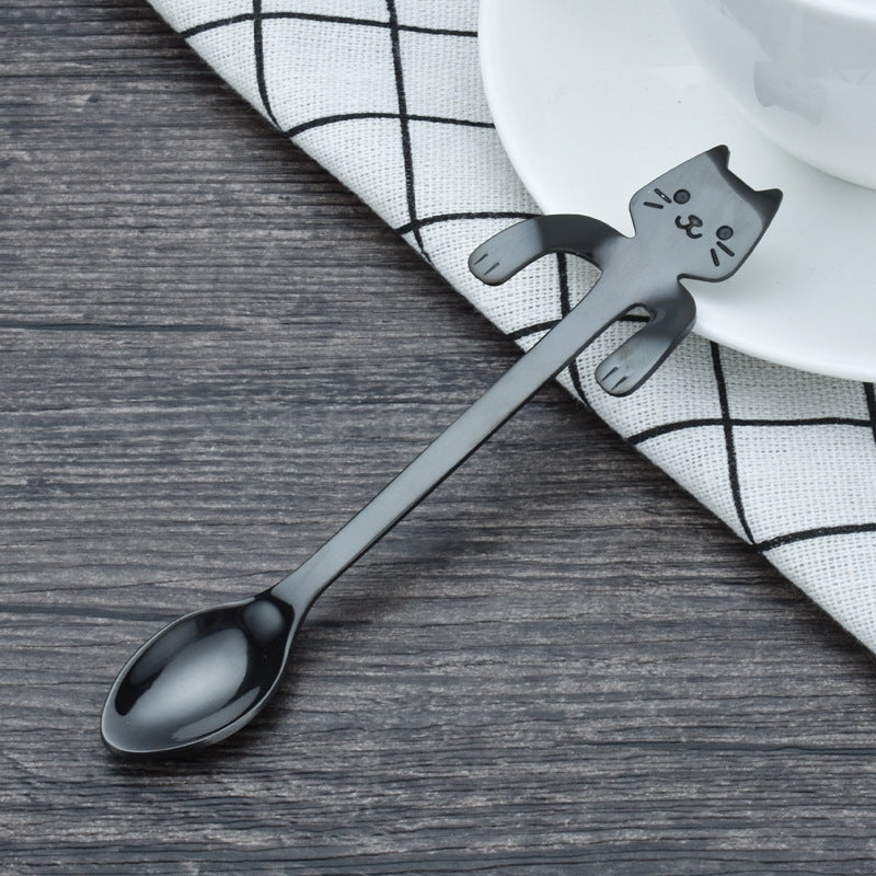 ELECTROPRIME Creative 304 Stainless Steel Cartoon Cat Handle Coffee Stirring Spoons, 11.8*1.8cm(Black)