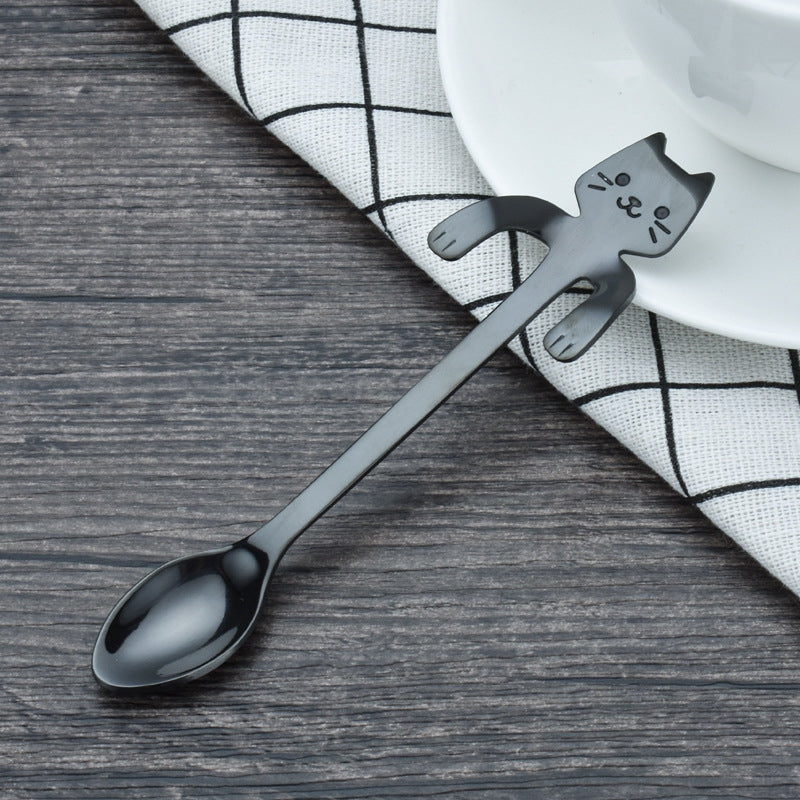 ELECTROPRIME Creative 304 Stainless Steel Cartoon Cat Handle Coffee Stirring Spoons, 11.8*1.8cm(Black)