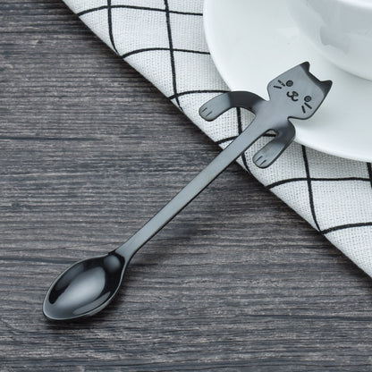 ELECTROPRIME Creative 304 Stainless Steel Cartoon Cat Handle Coffee Stirring Spoons, 11.8*1.8cm(Black)