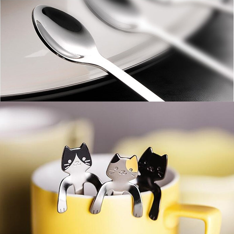 ELECTROPRIME Creative 304 Stainless Steel Cartoon Cat Handle Coffee Stirring Spoons, 11.8*1.8cm(Silver)