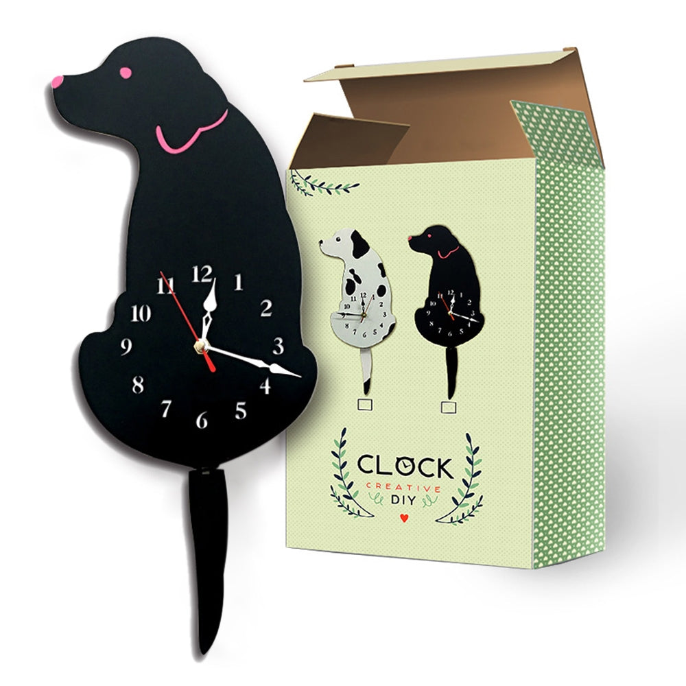 ELECTROPRIME Home Office Bedroom Decoration Battery Operated Dog Shaped Wall Clock with Swinging Tails, Size : 42 x 18cm (Black)