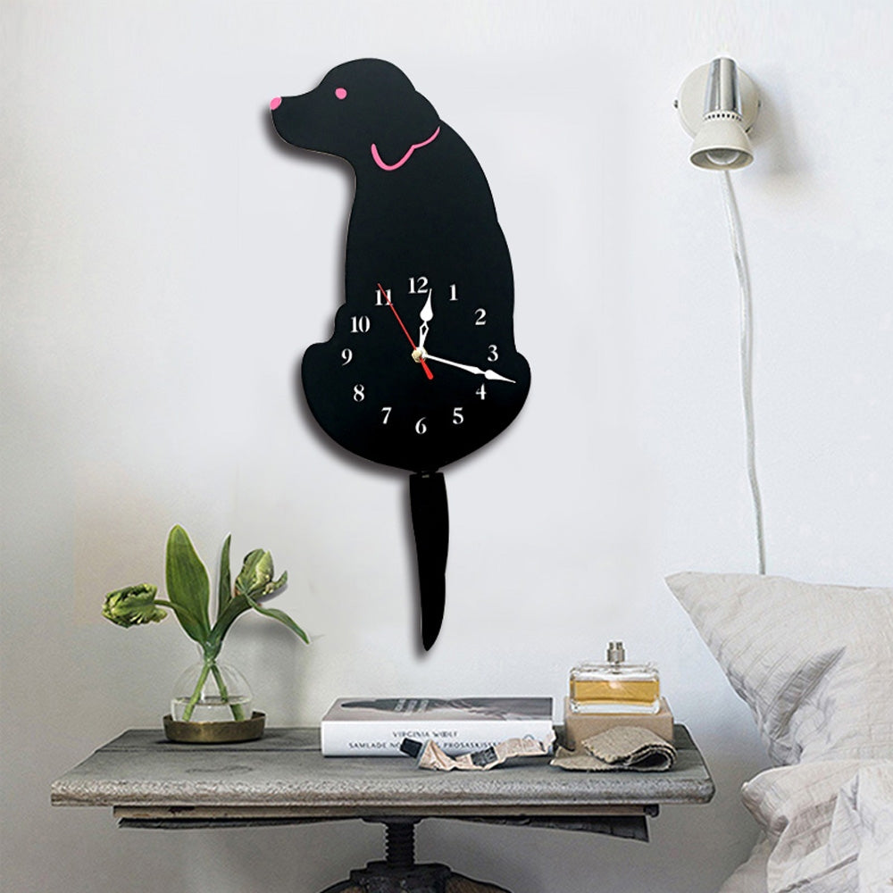 ELECTROPRIME Home Office Bedroom Decoration Battery Operated Dog Shaped Wall Clock with Swinging Tails, Size : 42 x 18cm (Black)
