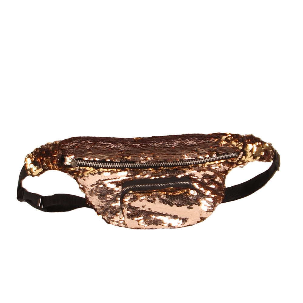 ELECTROPRIME Sequins Waist Bag Double Color Makeup Bag Mermaid Purses Chest Pack Women Girl Travelling Mobile Phone Bag(Mocha Gold)