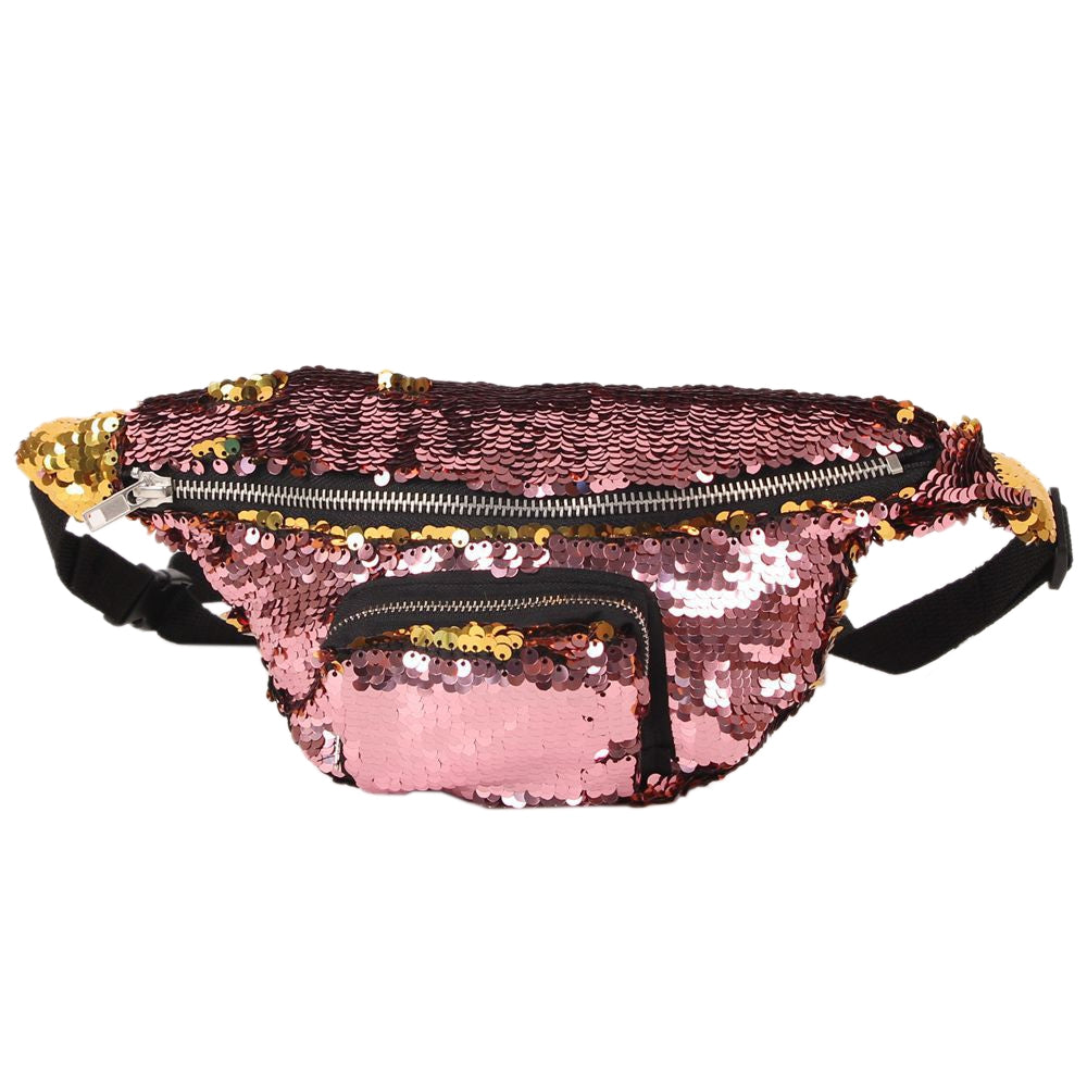ELECTROPRIME Sequins Waist Bag Double Color Makeup Bag Mermaid Purses Chest Pack Women Girl Travelling Mobile Phone Bag(Rose Gold)